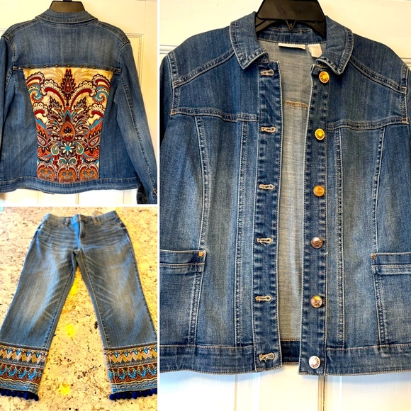 Chico's Pants - Chico's Blue Denim Set with Multicolor Embroidery
